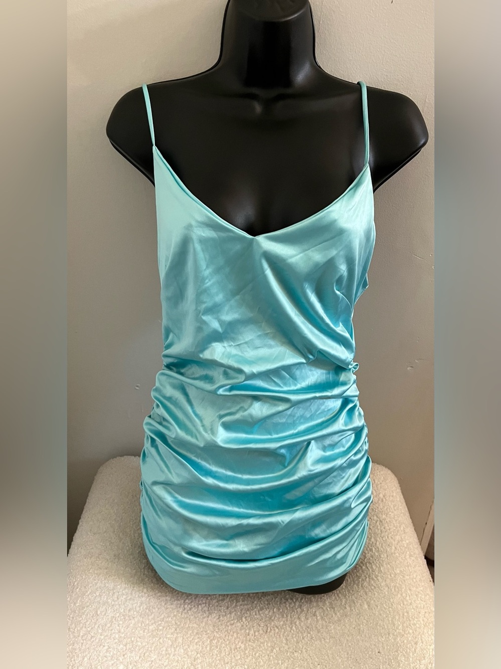 Satin Ruched Slip Dress in Aqua Blue